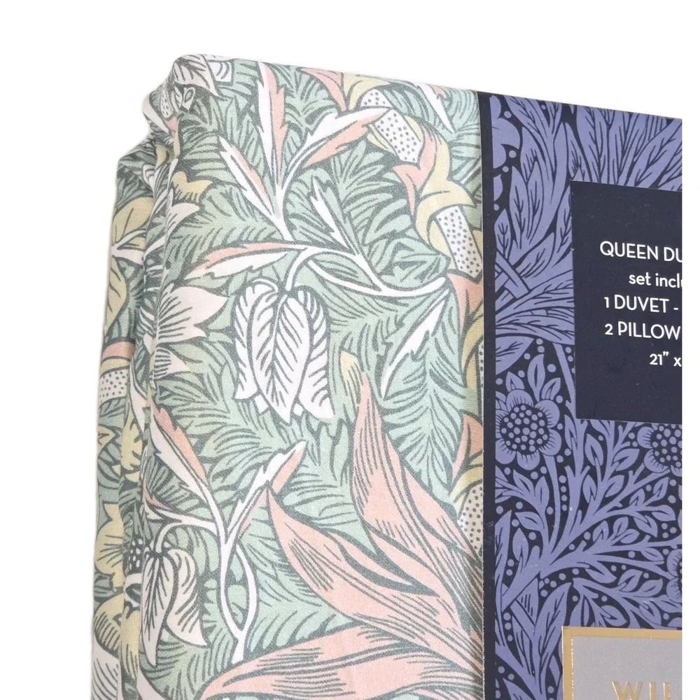 William Morris Queen Duvet Set 3pc Cotton Honeysuckle Tulip Sea Green Pattern‎